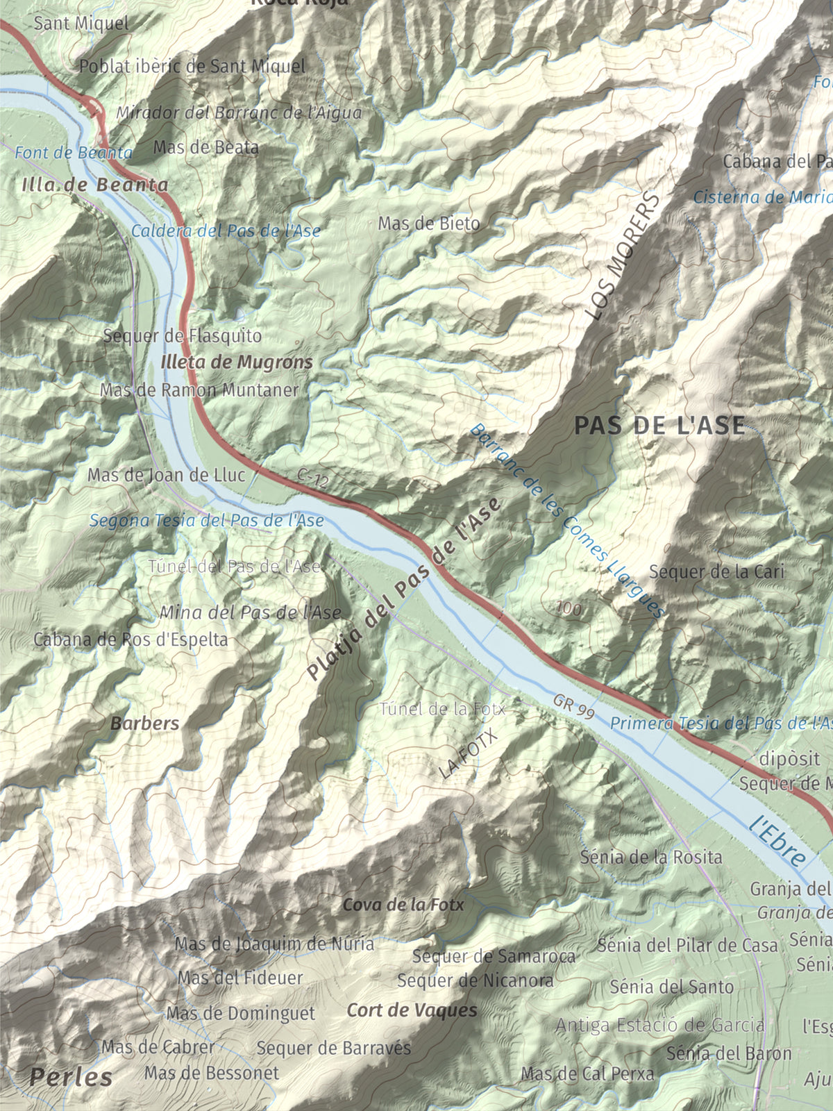 Mapa de relieve de Lo Tormo (Lo piló), 523 m, Ribera d'Ebre, lámina 100 Cims de Trobart. Detalle de la zona inferior izquierda. 30 × 40 cm.