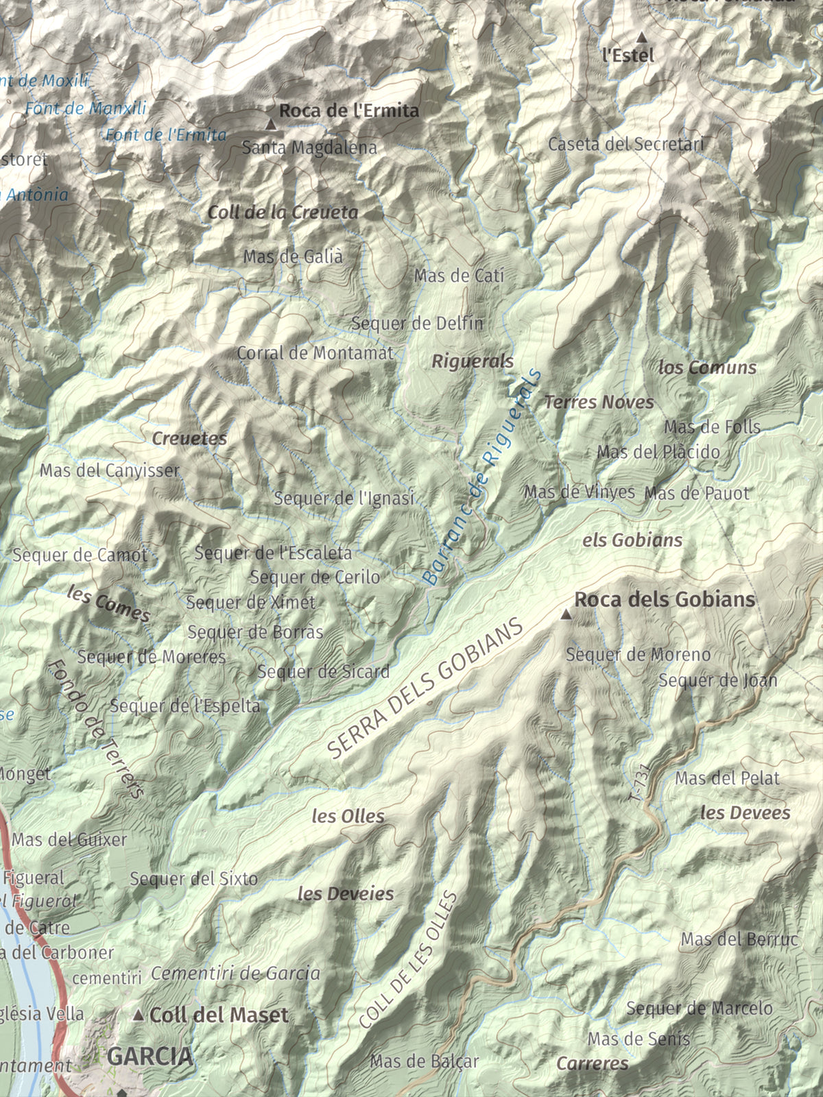 Mapa de relieve de Lo Tormo (Lo piló), 523 m, Ribera d'Ebre, lámina 100 Cims de Trobart. Detalle de la zona inferior derecha. 30 × 40 cm.