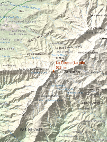 Mapa de relieve de Lo Tormo (Lo piló), 523 m, Ribera d'Ebre, lámina 100 Cims de Trobart. Detalle de la zona central. 30 × 40 cm.