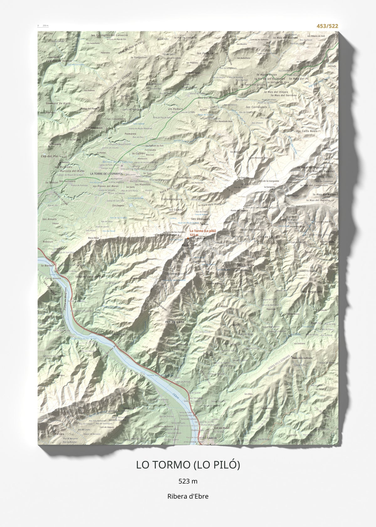 Mapa de relieve de Lo Tormo (Lo piló), 523 m, Ribera d'Ebre, lámina 100 Cims de Trobart 50 × 70 cm.