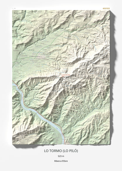 Mapa de relieve de Lo Tormo (Lo piló), 523 m, Ribera d'Ebre, lámina 100 Cims de Trobart 50 × 70 cm.