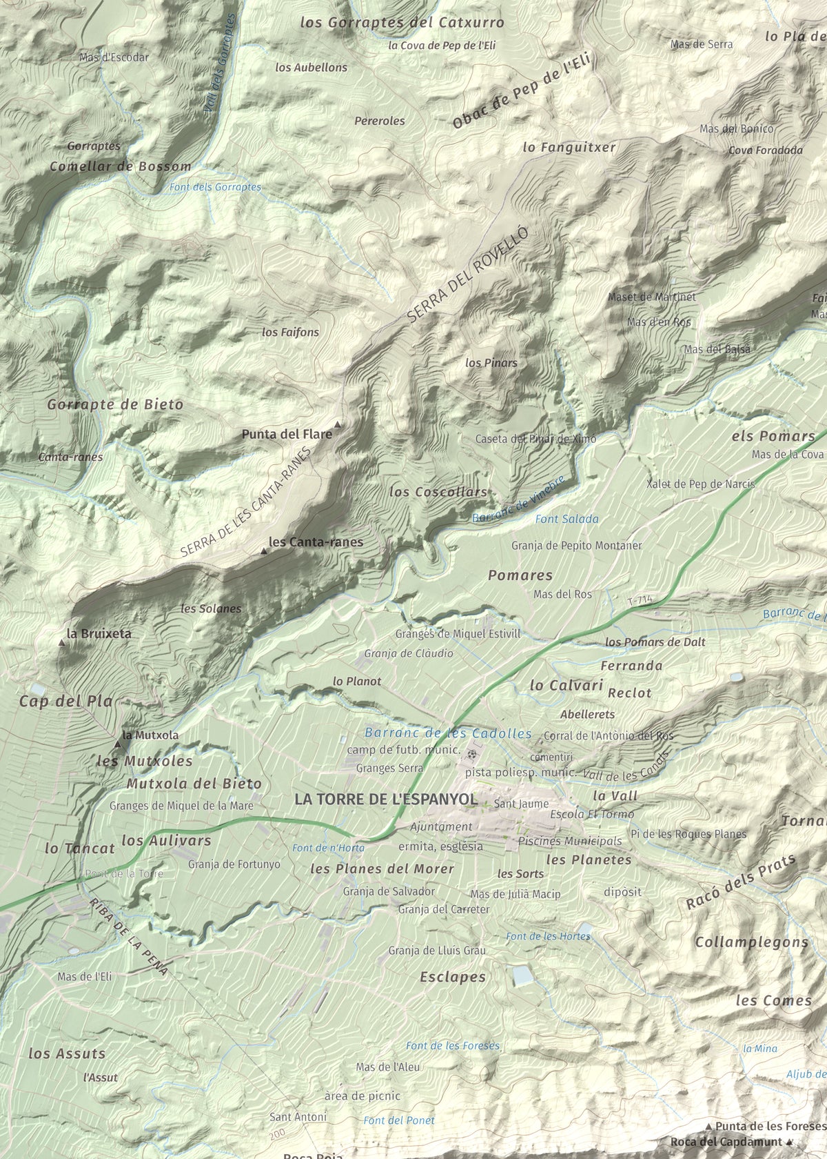 Mapa de relieve de Lo Tormo (Lo piló), 523 m, Ribera d'Ebre, lámina 100 Cims de Trobart. Detalle de la zona superior izquierda. 50 × 70 cm.