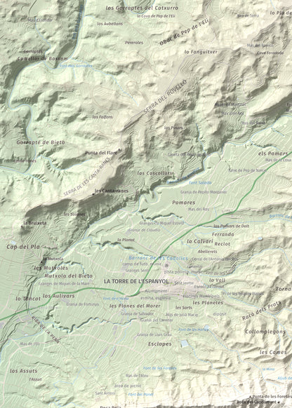 Mapa de relieve de Lo Tormo (Lo piló), 523 m, Ribera d'Ebre, lámina 100 Cims de Trobart. Detalle de la zona superior izquierda. 50 × 70 cm.
