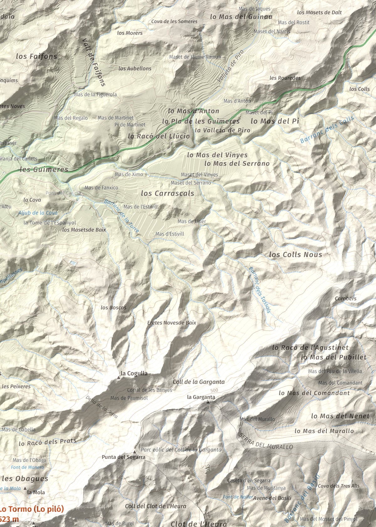 Mapa de relieve de Lo Tormo (Lo piló), 523 m, Ribera d'Ebre, lámina 100 Cims de Trobart. Detalle de la zona superior derecha. 50 × 70 cm.