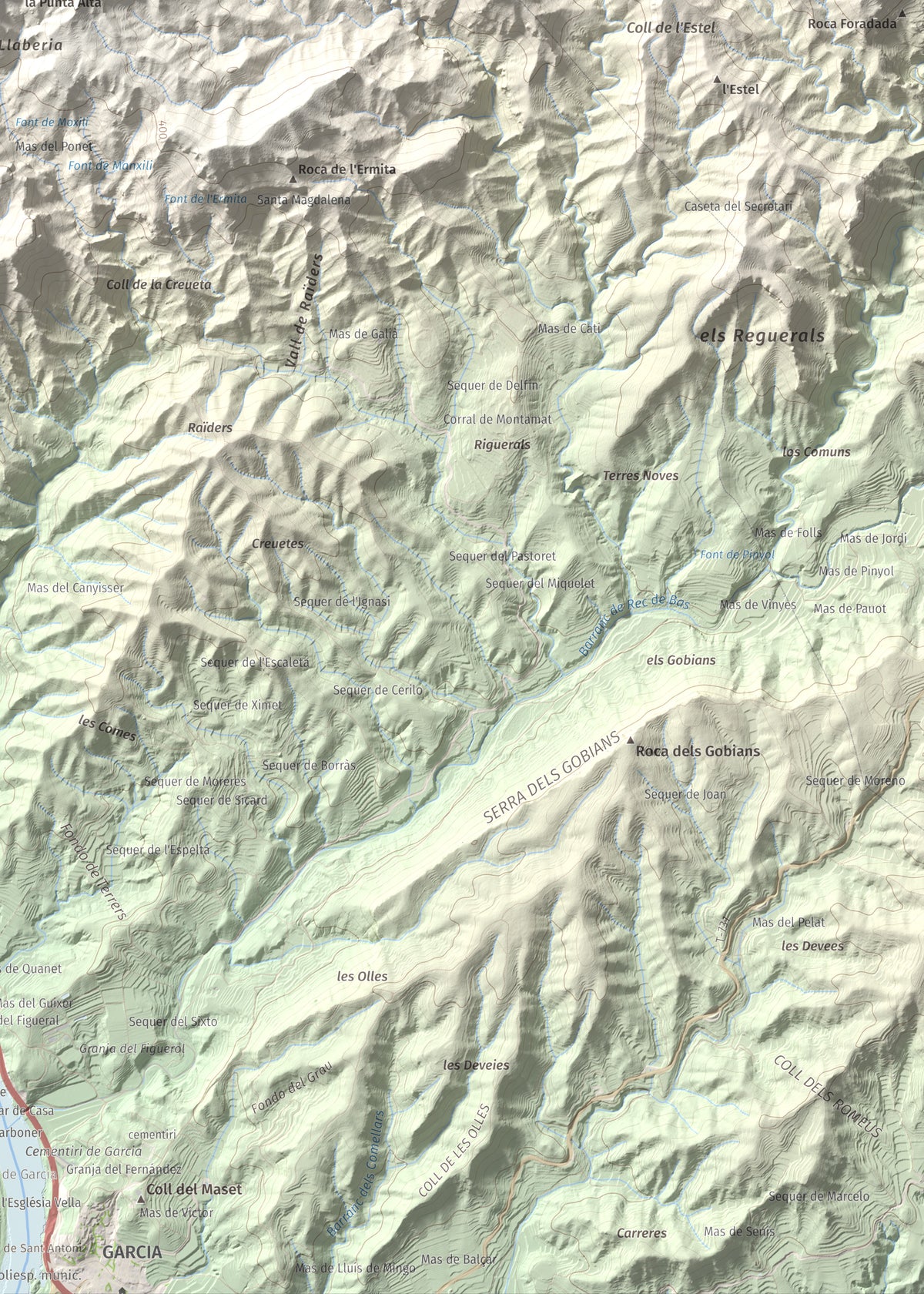 Mapa de relieve de Lo Tormo (Lo piló), 523 m, Ribera d'Ebre, lámina 100 Cims de Trobart. Detalle de la zona inferior derecha. 50 × 70 cm.