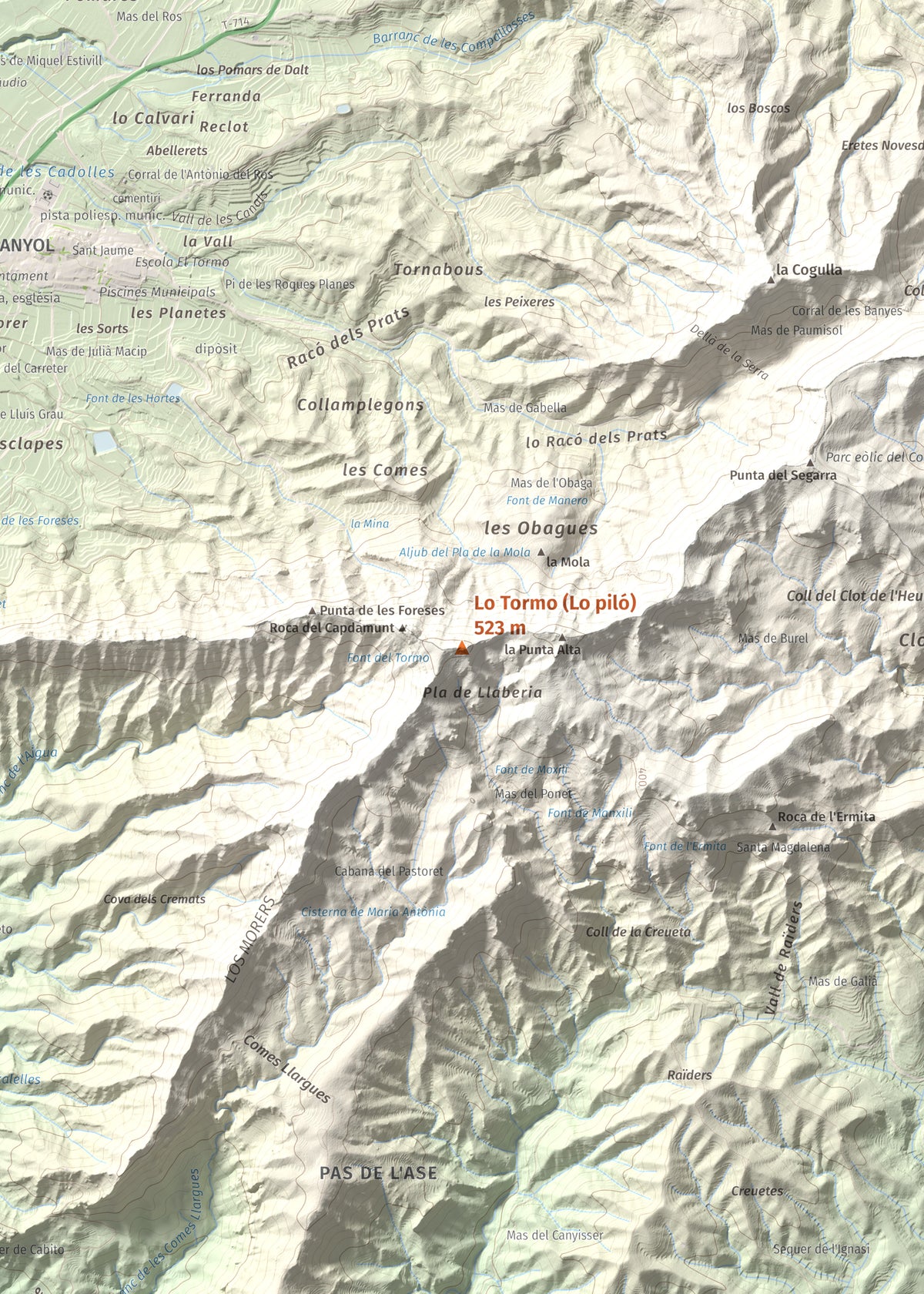 Mapa de relieve de Lo Tormo (Lo piló), 523 m, Ribera d'Ebre, lámina 100 Cims de Trobart. Detalle de la zona central. 50 × 70 cm.