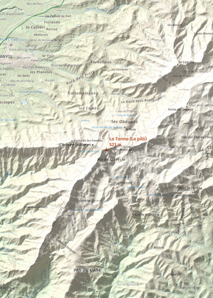 Mapa de relieve de Lo Tormo (Lo piló), 523 m, Ribera d'Ebre, lámina 100 Cims de Trobart. Detalle de la zona central. 50 × 70 cm.