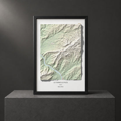 Mapa de relieve de Lo Tormo (Lo piló), 523 m, Ribera d'Ebre, lámina 100 Cims de Trobart. Presentación enmarcada. 61 × 91 cm.