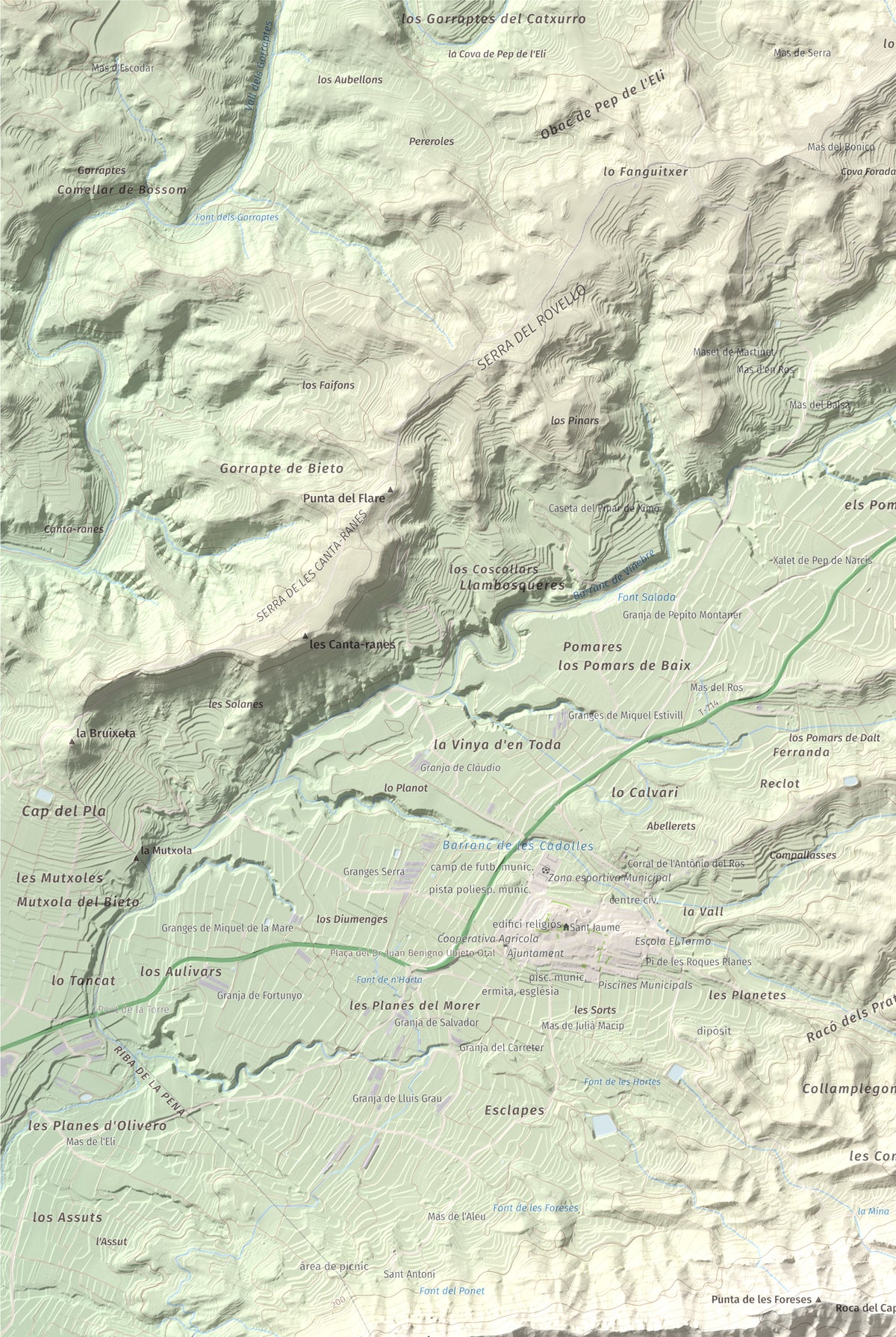 Mapa de relieve de Lo Tormo (Lo piló), 523 m, Ribera d'Ebre, lámina 100 Cims de Trobart. Detalle de la zona superior izquierda. 61 × 91 cm.