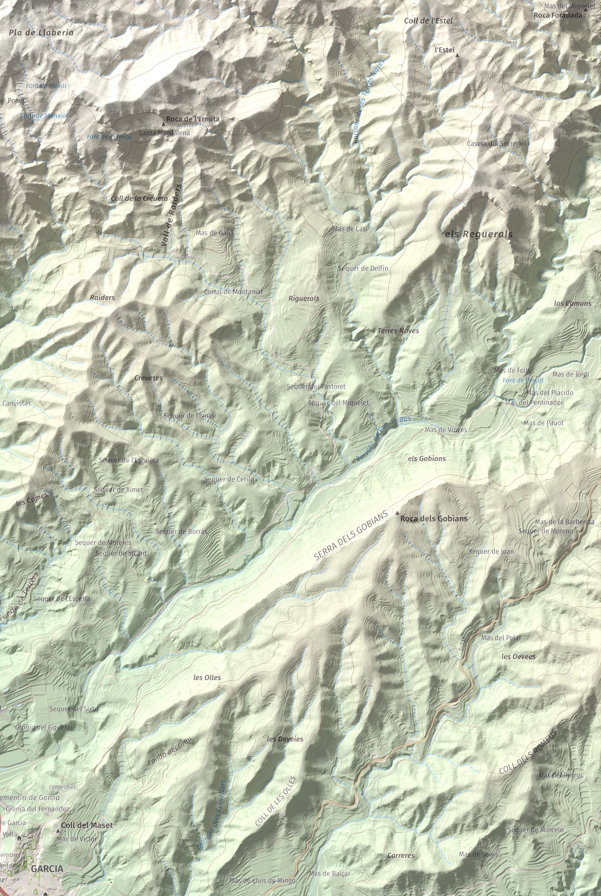 Mapa de relieve de Lo Tormo (Lo piló), 523 m, Ribera d'Ebre, lámina 100 Cims de Trobart. Detalle de la zona inferior derecha. 61 × 91 cm.