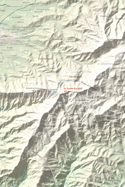 Mapa de relieve de Lo Tormo (Lo piló), 523 m, Ribera d'Ebre, lámina 100 Cims de Trobart. Detalle de la zona central. 61 × 91 cm.