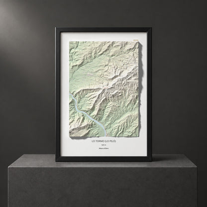 Mapa de relieve de Lo Tormo (Lo piló), 523 m, Ribera d'Ebre, lámina 100 Cims de Trobart. Presentación enmarcada. 70 × 100 cm.