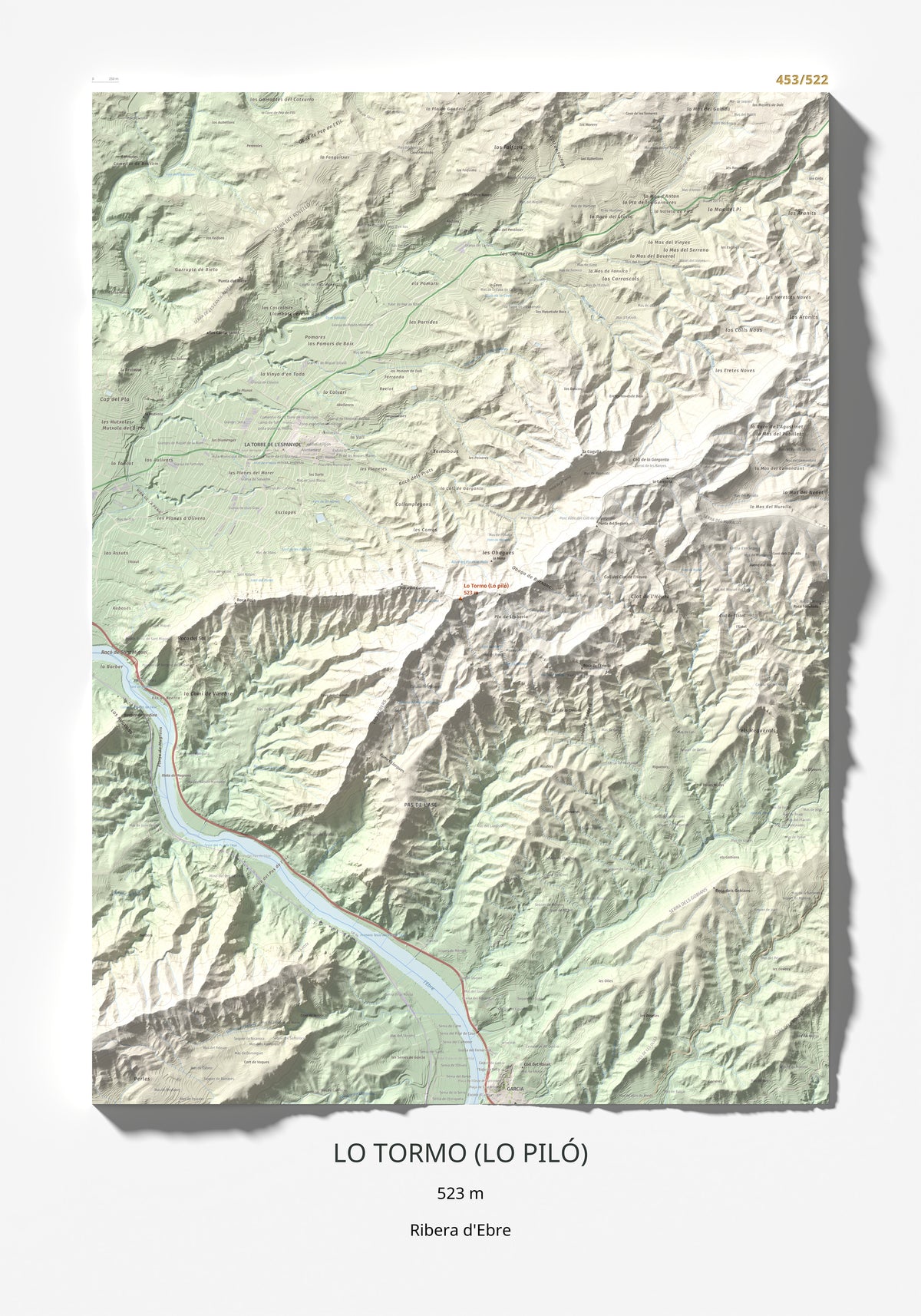 Mapa de relieve de Lo Tormo (Lo piló), 523 m, Ribera d'Ebre, lámina 100 Cims de Trobart 70 × 100 cm.