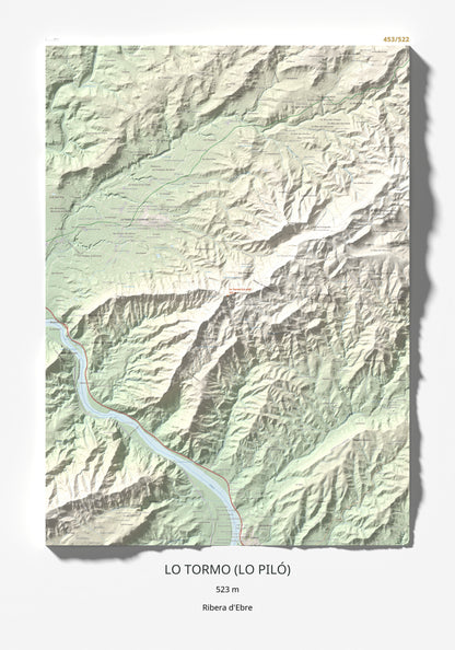 Mapa de relieve de Lo Tormo (Lo piló), 523 m, Ribera d'Ebre, lámina 100 Cims de Trobart 70 × 100 cm.