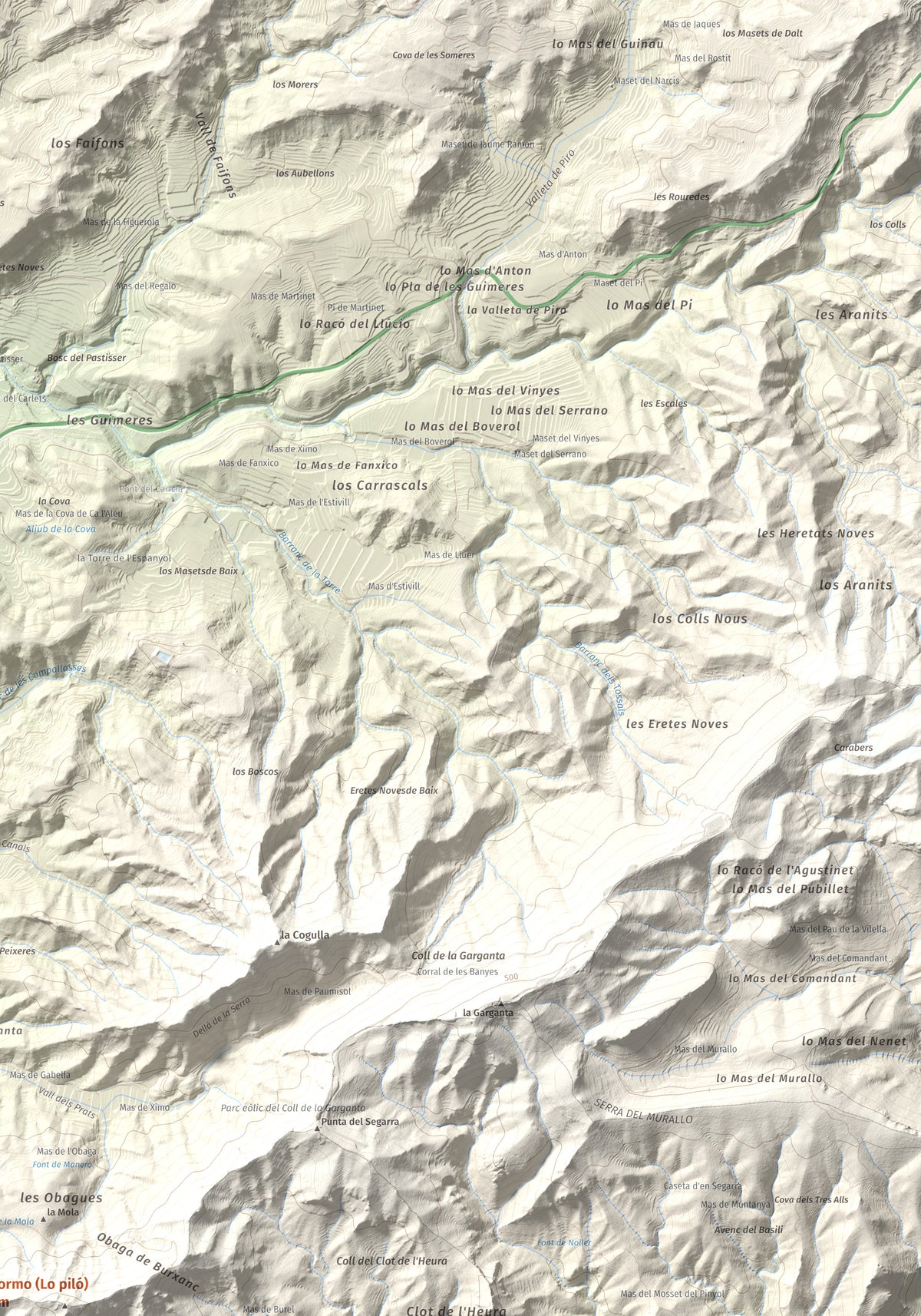 Mapa de relieve de Lo Tormo (Lo piló), 523 m, Ribera d'Ebre, lámina 100 Cims de Trobart. Detalle de la zona superior derecha. 70 × 100 cm.