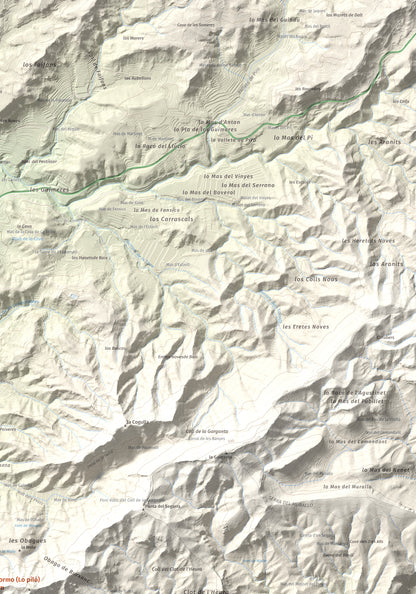Mapa de relieve de Lo Tormo (Lo piló), 523 m, Ribera d'Ebre, lámina 100 Cims de Trobart. Detalle de la zona superior derecha. 70 × 100 cm.