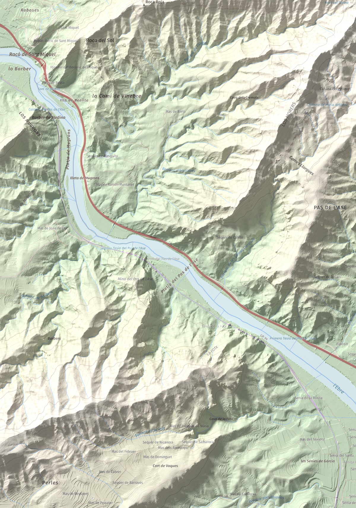 Mapa de relieve de Lo Tormo (Lo piló), 523 m, Ribera d'Ebre, lámina 100 Cims de Trobart. Detalle de la zona inferior izquierda. 70 × 100 cm.