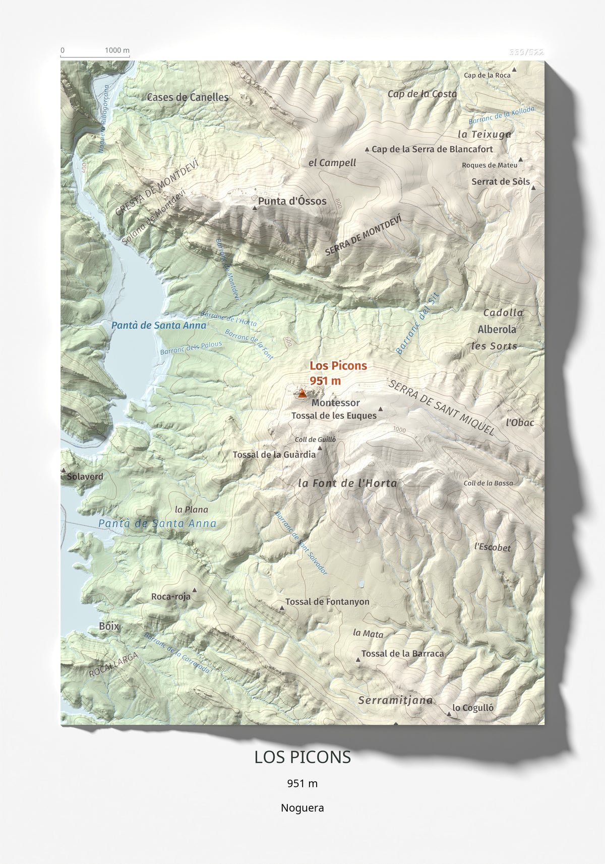 Mapa de relieve de Los Picons, 951 m, Noguera, lámina 100 Cims de Trobart 21 × 30 cm.