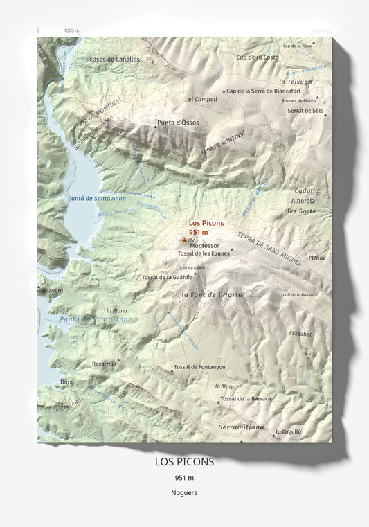 Mapa de relieve de Los Picons, 951 m, Noguera, lámina 100 Cims de Trobart 21 × 30 cm.