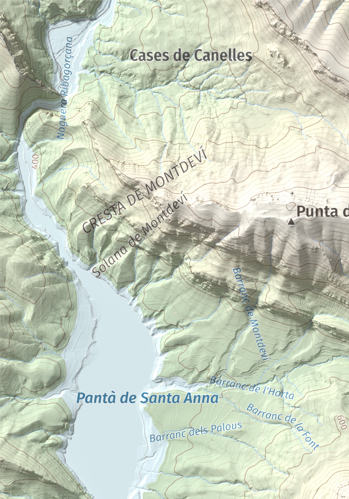 Mapa de relieve de Los Picons, 951 m, Noguera, lámina 100 Cims de Trobart. Detalle de la zona superior izquierda. 21 × 30 cm.