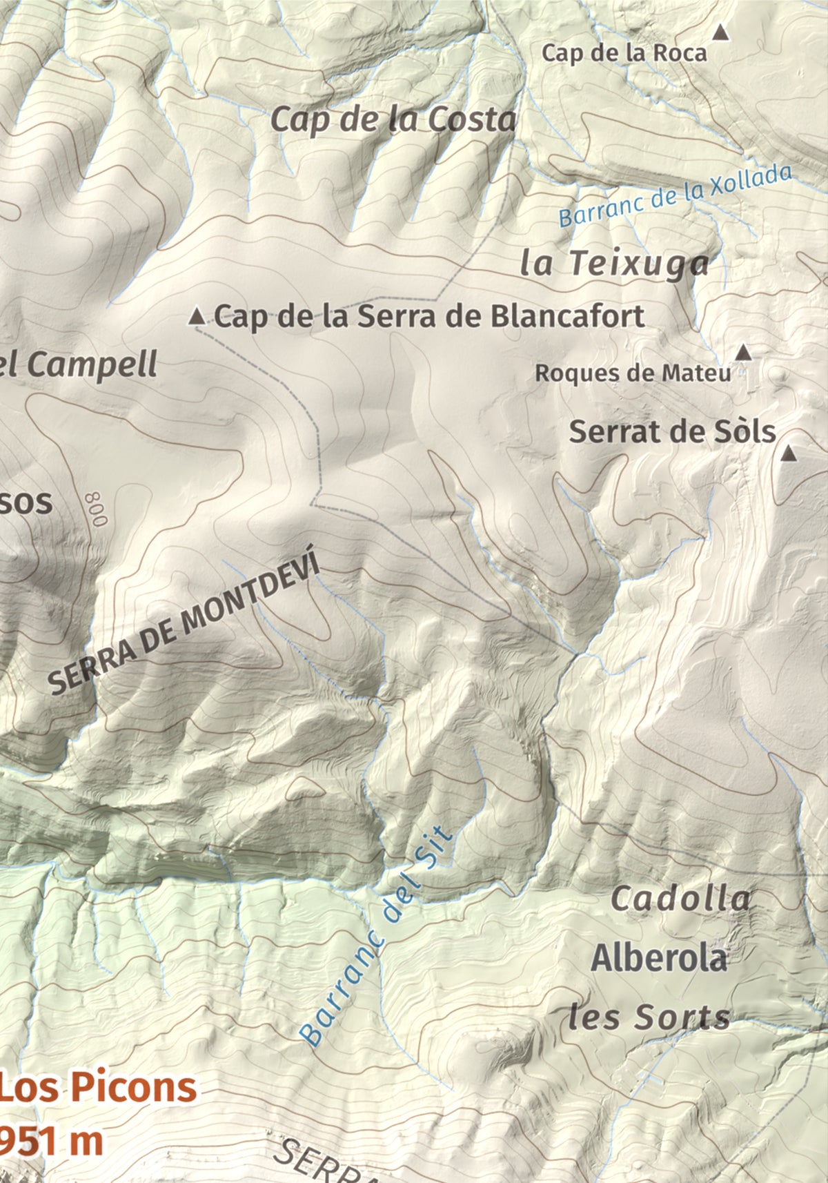 Mapa de relieve de Los Picons, 951 m, Noguera, lámina 100 Cims de Trobart. Detalle de la zona superior derecha. 21 × 30 cm.