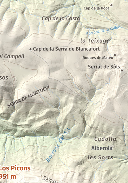 Mapa de relieve de Los Picons, 951 m, Noguera, lámina 100 Cims de Trobart. Detalle de la zona superior derecha. 21 × 30 cm.