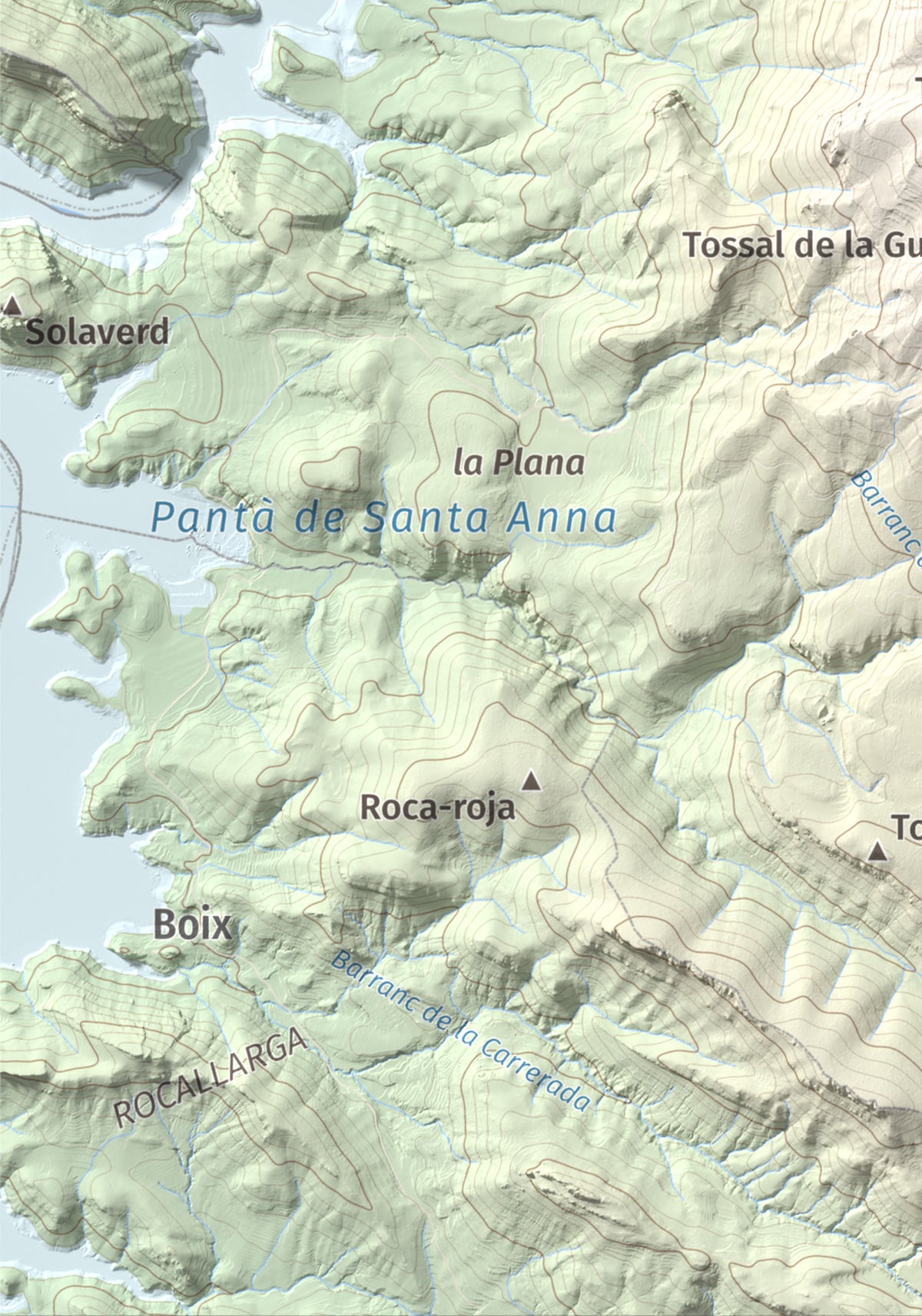 Mapa de relieve de Los Picons, 951 m, Noguera, lámina 100 Cims de Trobart. Detalle de la zona inferior izquierda. 21 × 30 cm.