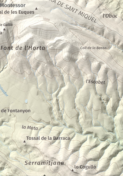 Mapa de relieve de Los Picons, 951 m, Noguera, lámina 100 Cims de Trobart. Detalle de la zona inferior derecha. 21 × 30 cm.