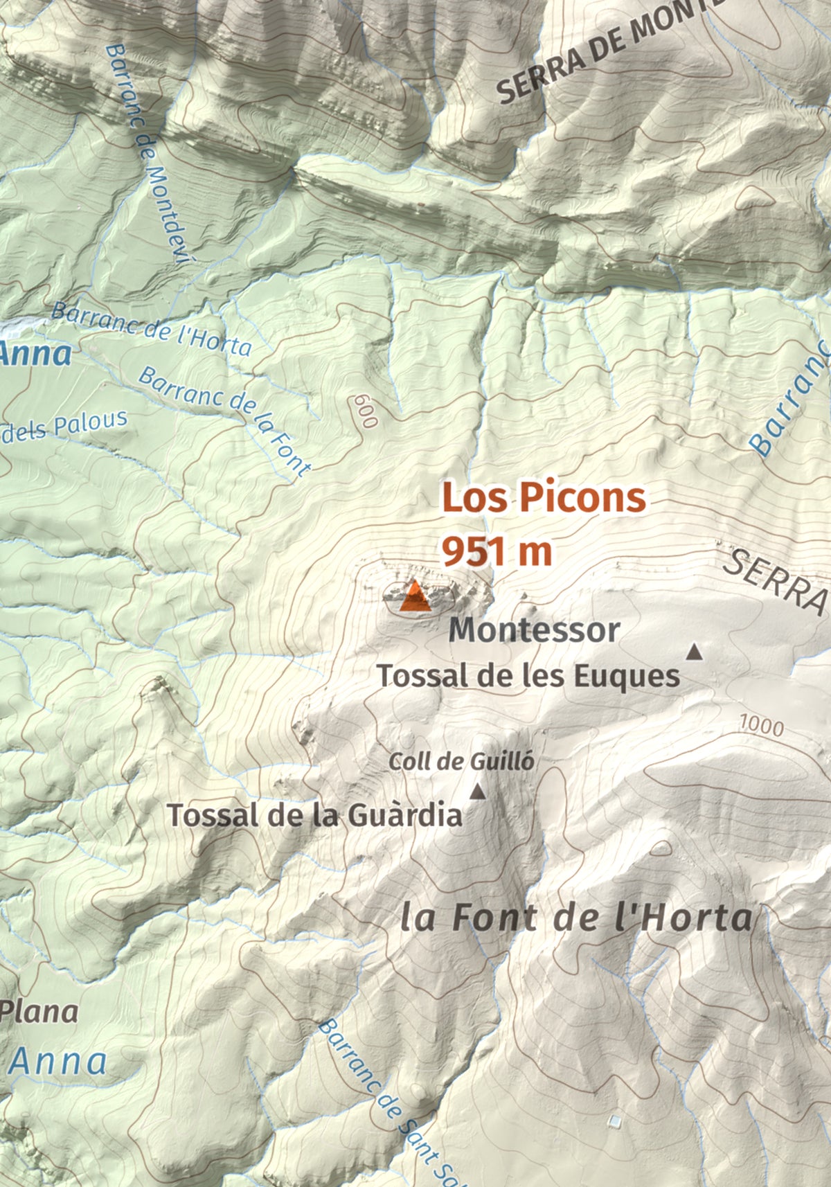 Mapa de relieve de Los Picons, 951 m, Noguera, lámina 100 Cims de Trobart. Detalle de la zona central. 21 × 30 cm.