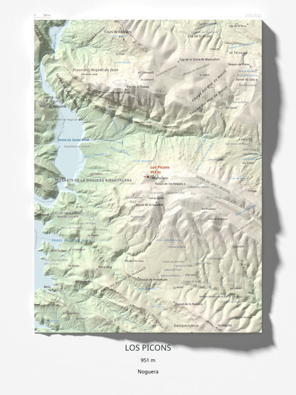 Mapa de relieve de Los Picons, 951 m, Noguera, lámina 100 Cims de Trobart 30 × 40 cm.