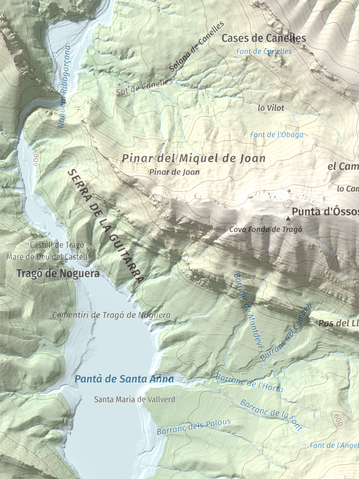Mapa de relieve de Los Picons, 951 m, Noguera, lámina 100 Cims de Trobart. Detalle de la zona superior izquierda. 30 × 40 cm.