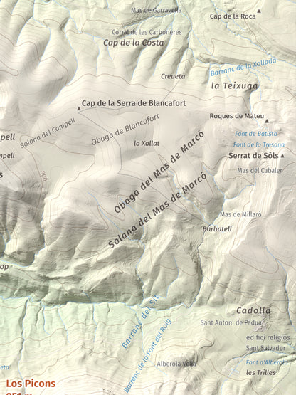 Mapa de relieve de Los Picons, 951 m, Noguera, lámina 100 Cims de Trobart. Detalle de la zona superior derecha. 30 × 40 cm.