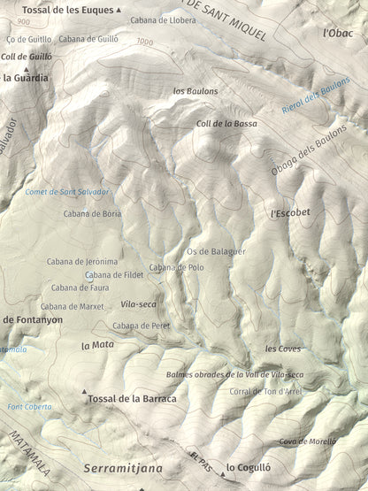 Mapa de relieve de Los Picons, 951 m, Noguera, lámina 100 Cims de Trobart. Detalle de la zona inferior derecha. 30 × 40 cm.