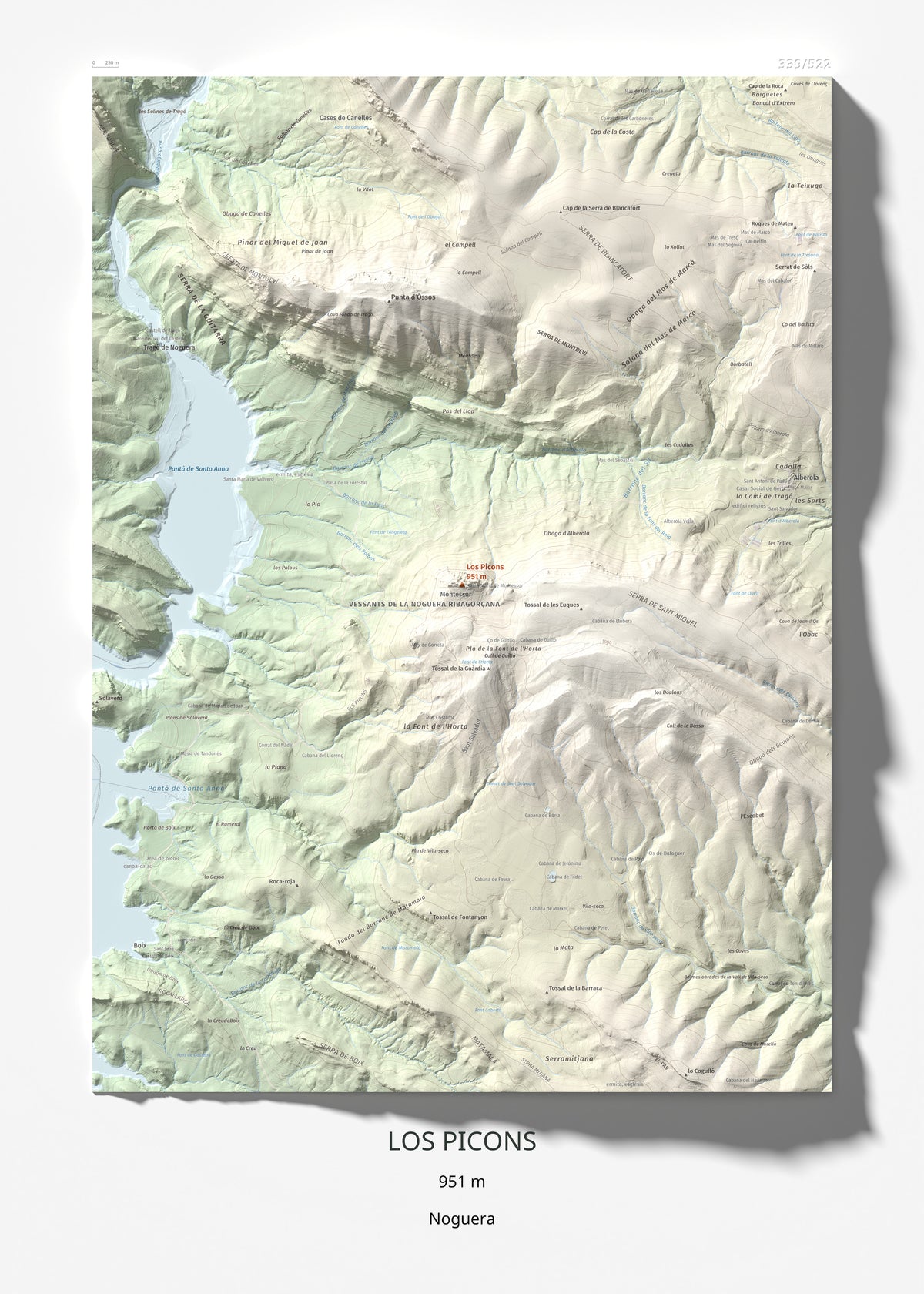 Mapa de relieve de Los Picons, 951 m, Noguera, lámina 100 Cims de Trobart 50 × 70 cm.