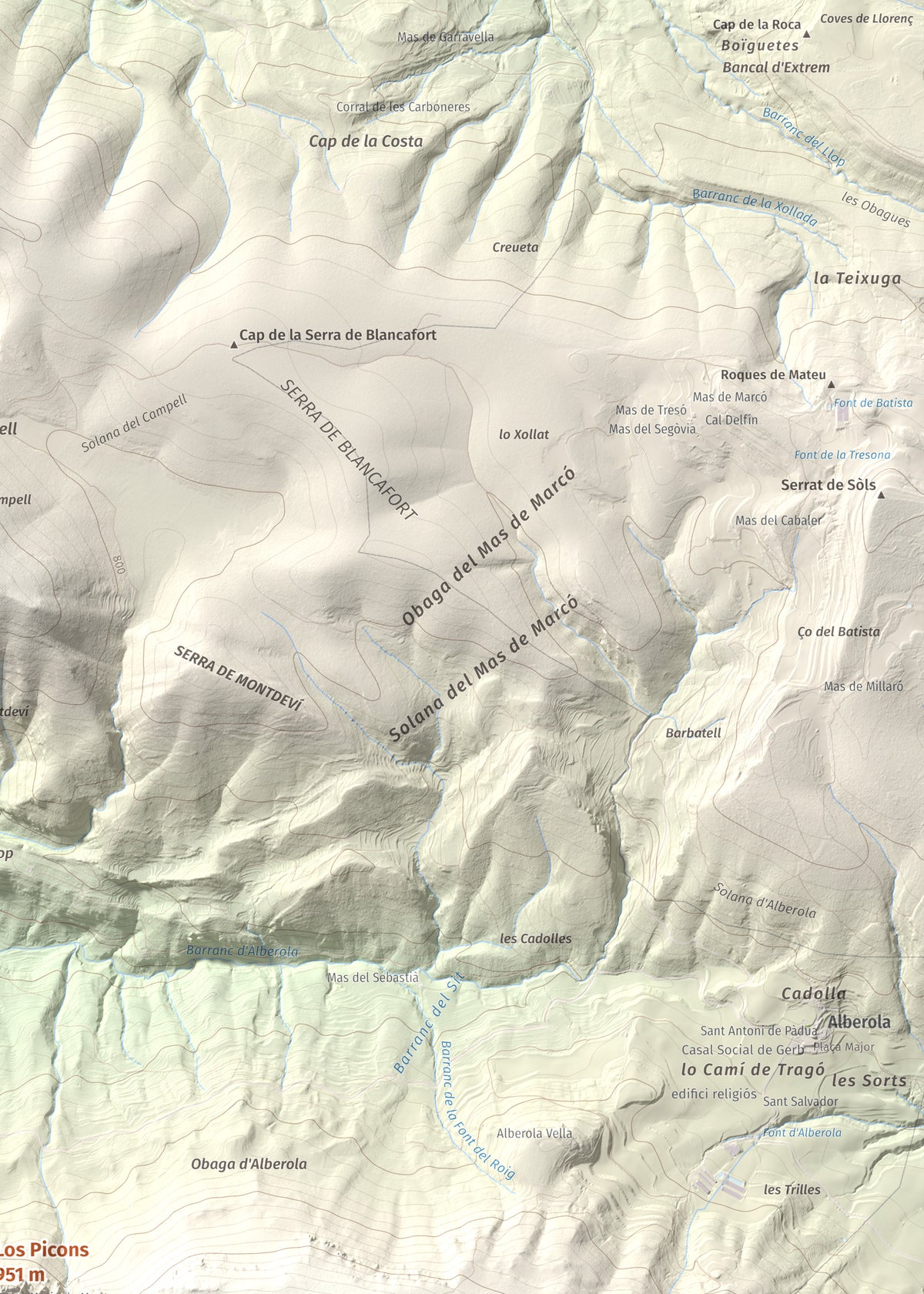 Mapa de relieve de Los Picons, 951 m, Noguera, lámina 100 Cims de Trobart. Detalle de la zona superior derecha. 50 × 70 cm.