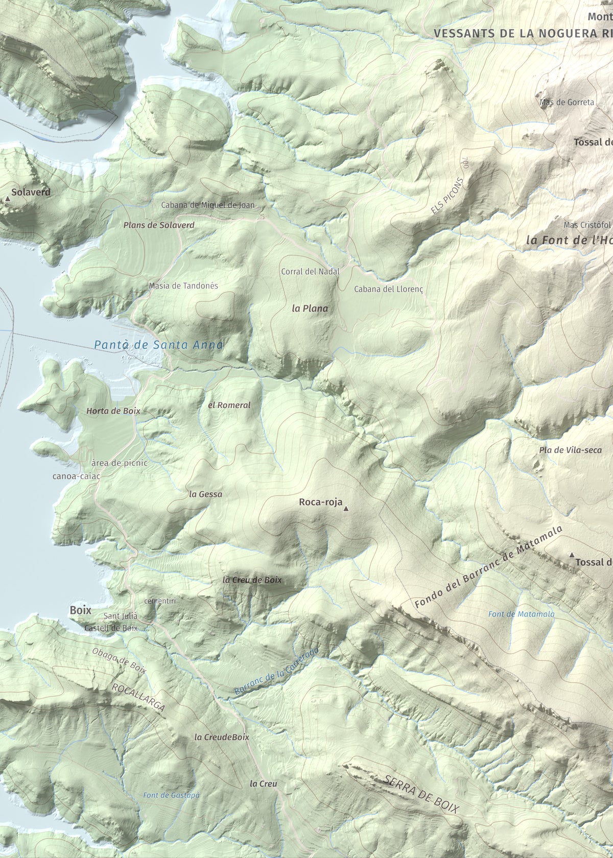Mapa de relieve de Los Picons, 951 m, Noguera, lámina 100 Cims de Trobart. Detalle de la zona inferior izquierda. 50 × 70 cm.