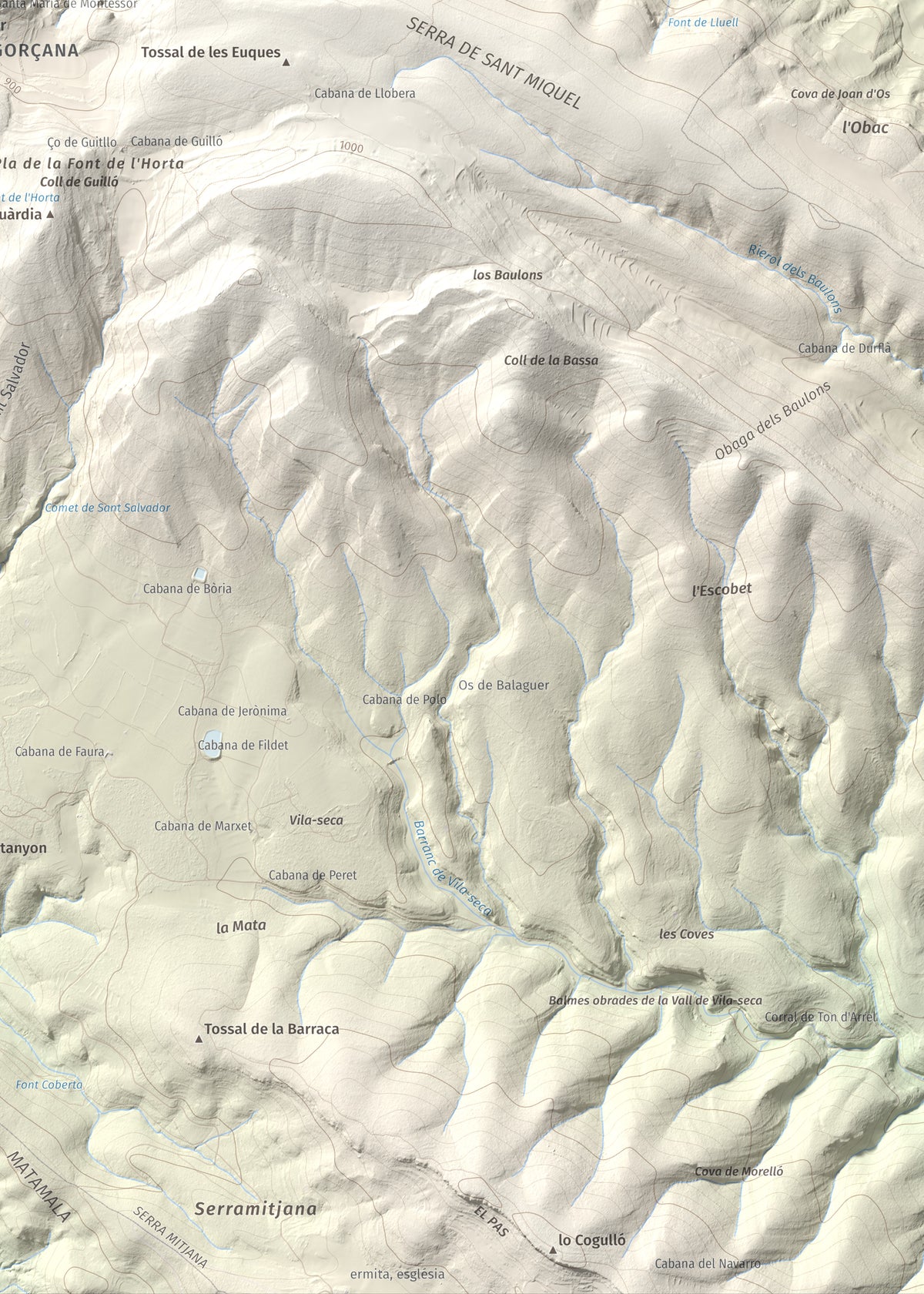 Mapa de relieve de Los Picons, 951 m, Noguera, lámina 100 Cims de Trobart. Detalle de la zona inferior derecha. 50 × 70 cm.