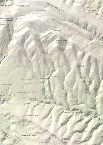 Mapa de relieve de Los Picons, 951 m, Noguera, lámina 100 Cims de Trobart. Detalle de la zona inferior derecha. 50 × 70 cm.