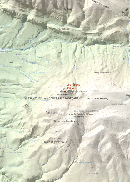 Mapa de relieve de Los Picons, 951 m, Noguera, lámina 100 Cims de Trobart. Detalle de la zona central. 50 × 70 cm.