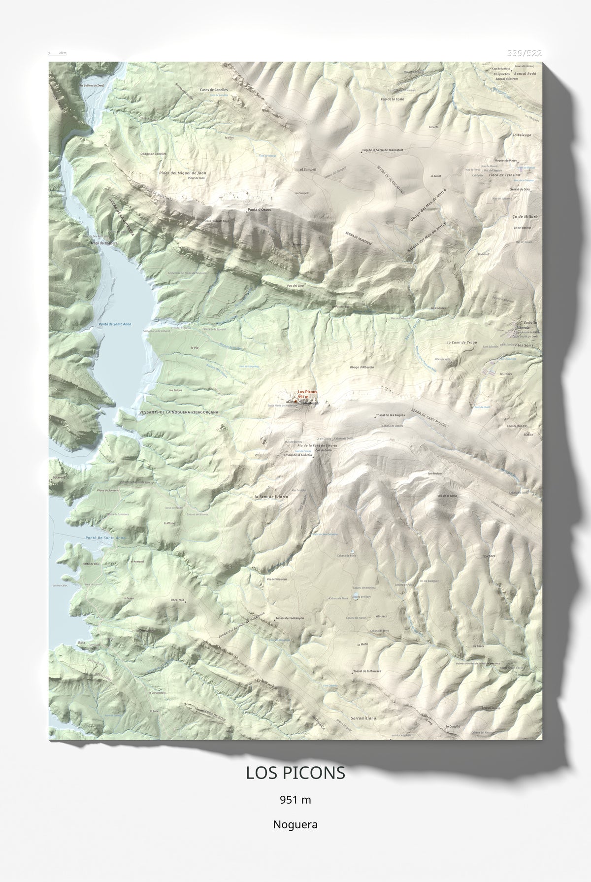 Mapa de relieve de Los Picons, 951 m, Noguera, lámina 100 Cims de Trobart 61 × 91 cm.