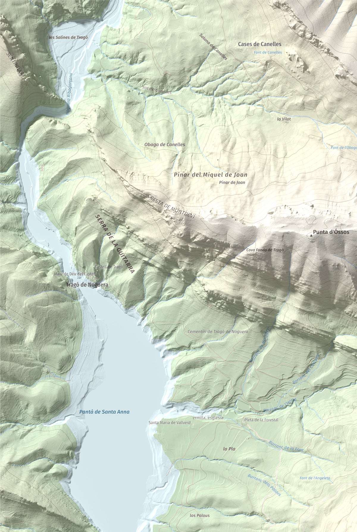 Mapa de relieve de Los Picons, 951 m, Noguera, lámina 100 Cims de Trobart. Detalle de la zona superior izquierda. 61 × 91 cm.