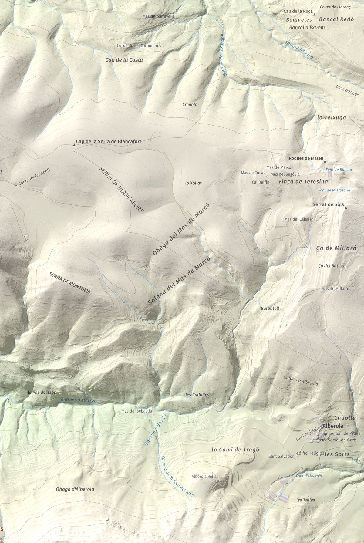 Mapa de relieve de Los Picons, 951 m, Noguera, lámina 100 Cims de Trobart. Detalle de la zona superior derecha. 61 × 91 cm.