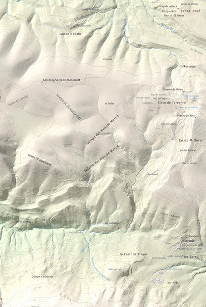 Mapa de relieve de Los Picons, 951 m, Noguera, lámina 100 Cims de Trobart. Detalle de la zona superior derecha. 61 × 91 cm.