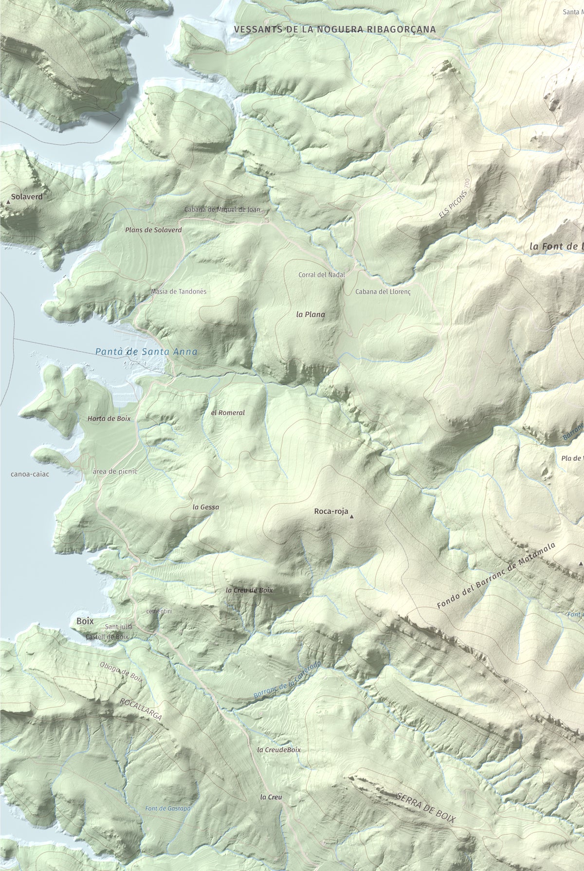 Mapa de relieve de Los Picons, 951 m, Noguera, lámina 100 Cims de Trobart. Detalle de la zona inferior izquierda. 61 × 91 cm.