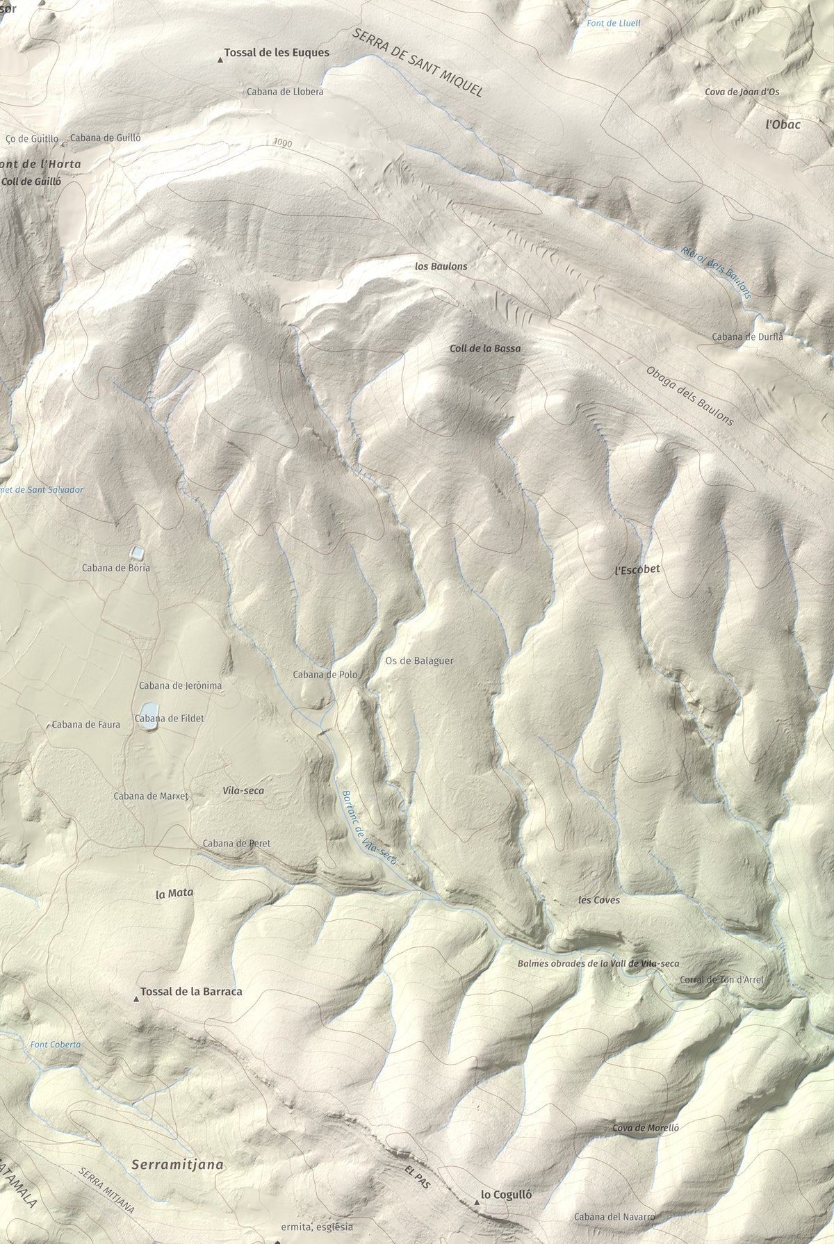 Mapa de relieve de Los Picons, 951 m, Noguera, lámina 100 Cims de Trobart. Detalle de la zona inferior derecha. 61 × 91 cm.