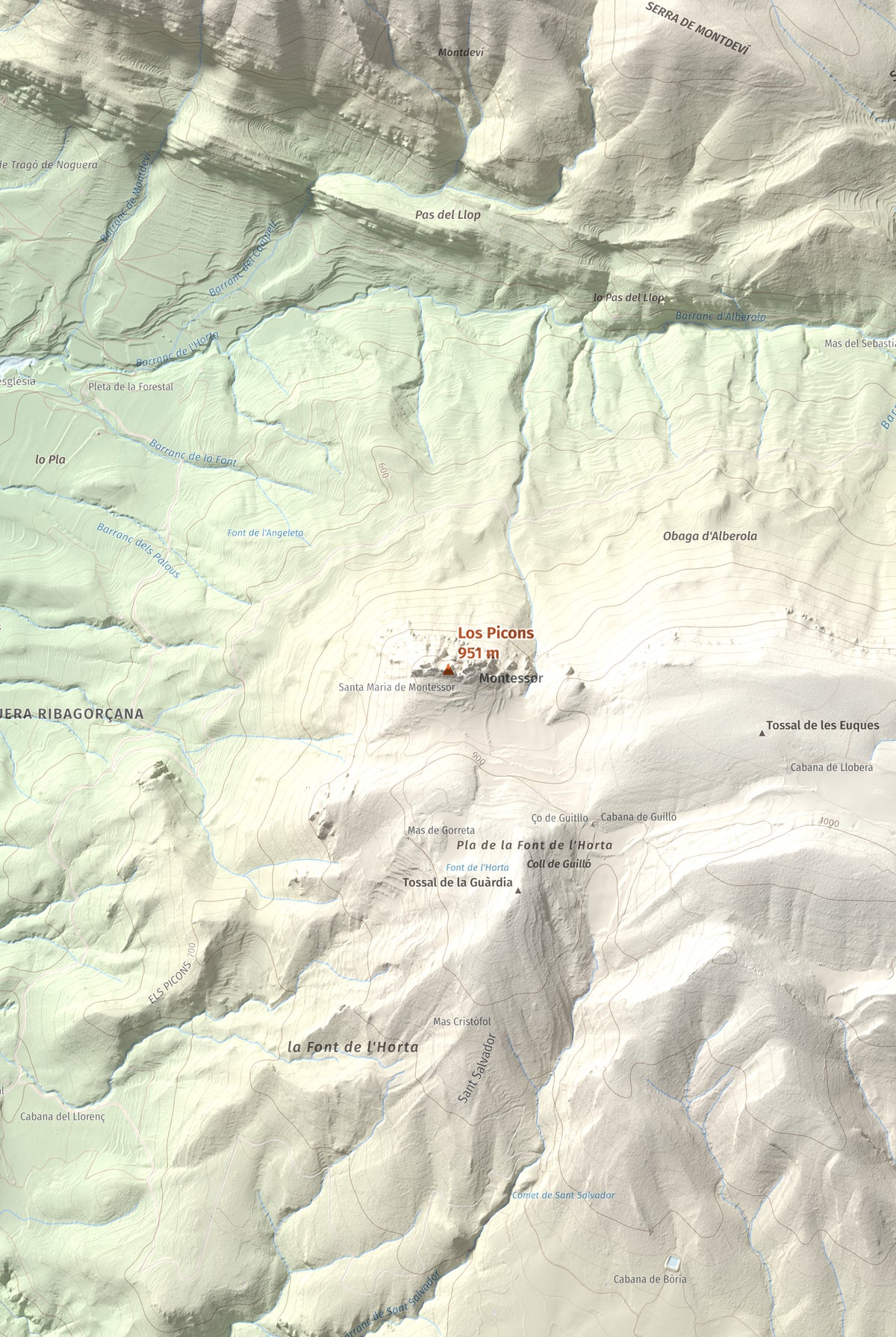Mapa de relieve de Los Picons, 951 m, Noguera, lámina 100 Cims de Trobart. Detalle de la zona central. 61 × 91 cm.