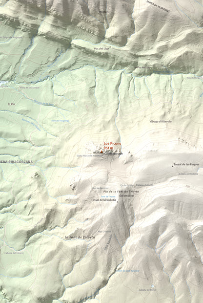 Mapa de relieve de Los Picons, 951 m, Noguera, lámina 100 Cims de Trobart. Detalle de la zona central. 61 × 91 cm.
