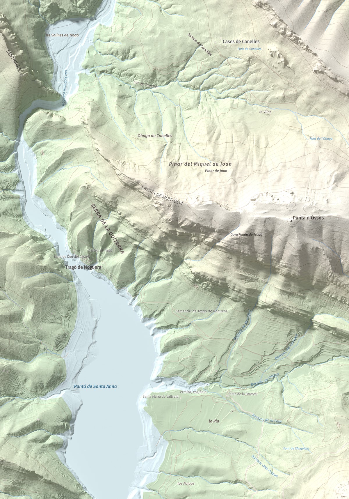 Mapa de relieve de Los Picons, 951 m, Noguera, lámina 100 Cims de Trobart. Detalle de la zona superior izquierda. 70 × 100 cm.
