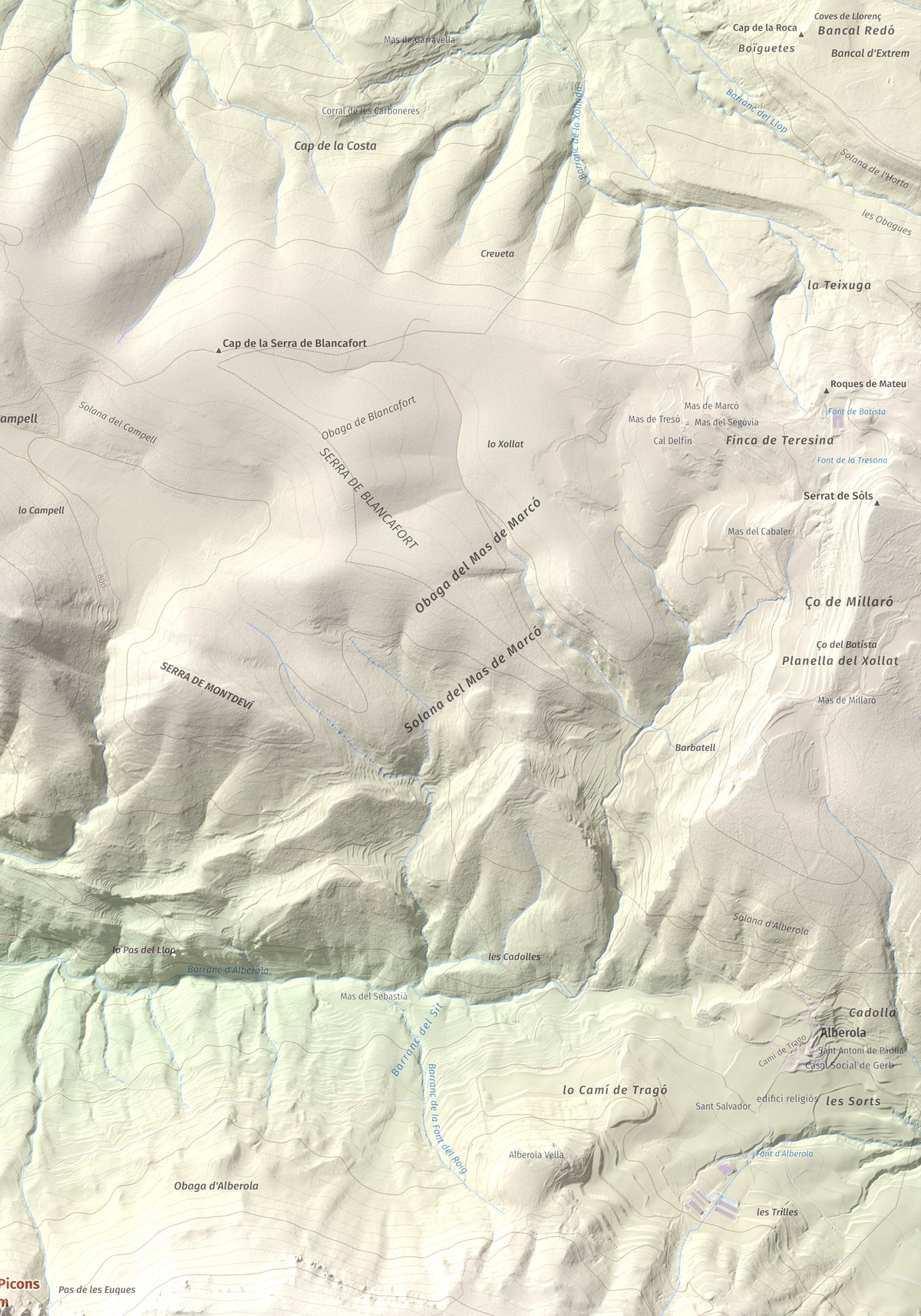 Mapa de relieve de Los Picons, 951 m, Noguera, lámina 100 Cims de Trobart. Detalle de la zona superior derecha. 70 × 100 cm.
