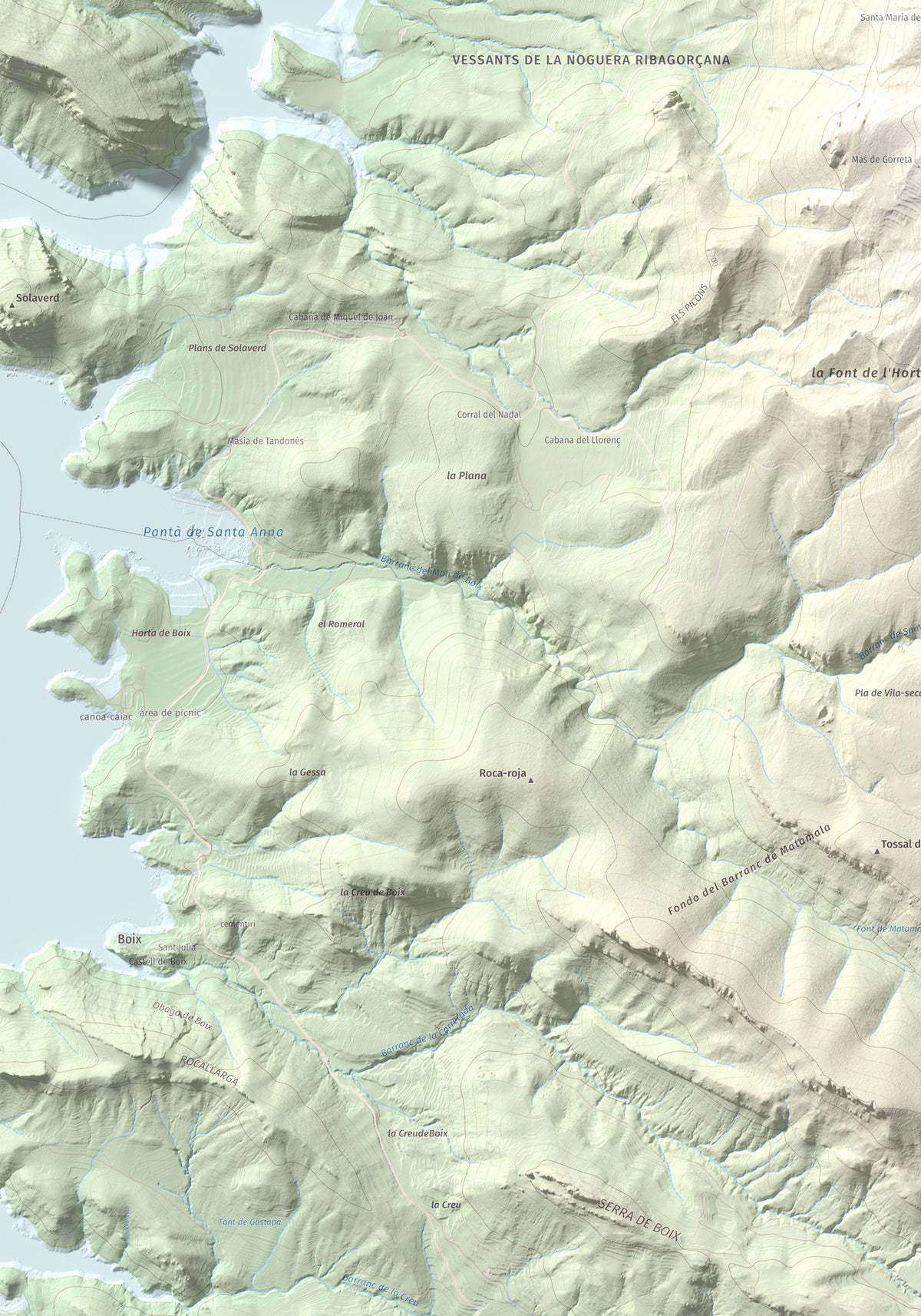 Mapa de relieve de Los Picons, 951 m, Noguera, lámina 100 Cims de Trobart. Detalle de la zona inferior izquierda. 70 × 100 cm.
